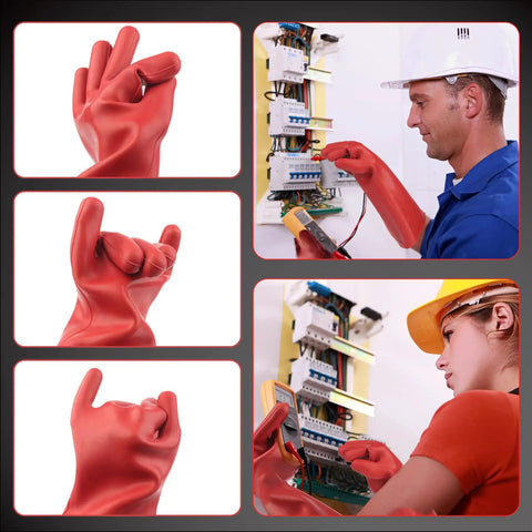 Heavy Duty Insulating Gloves For High Voltage Electric Work 1.8mm Thick Red Rubber Handwear worn by electricians handling live wires.