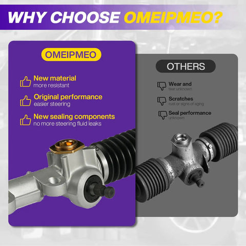 Comparison of DS Steering Gear Box Assembly highlighting new material, performance, and sealing components for golf carts