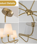 Close-up details of Smooth Operator 6 Light Brass Gold Chandelier With White Fabric Shades showcasing its elegant design and finish.