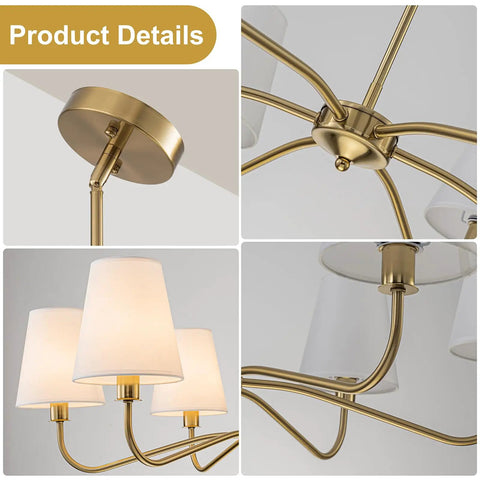 Close-up details of Smooth Operator 6 Light Brass Gold Chandelier With White Fabric Shades showcasing its elegant design and finish.