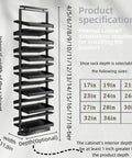 Slick Pull Out Shoe Rack With Heavy Duty Smooth Slide Rails And Adjustable Height Vertical Design with product dimensions and cabinet specifications.