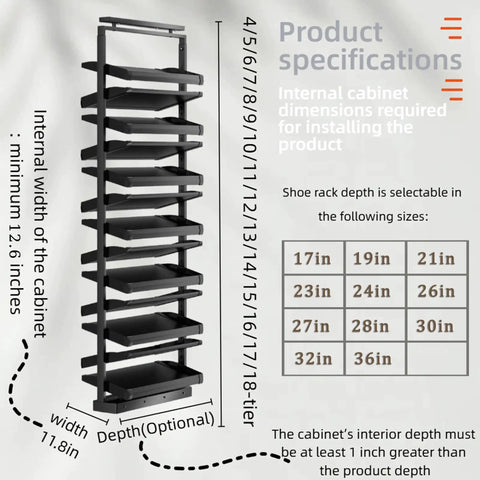 Slick Pull Out Shoe Rack With Heavy Duty Smooth Slide Rails And Adjustable Height Vertical Design with product dimensions and cabinet specifications.