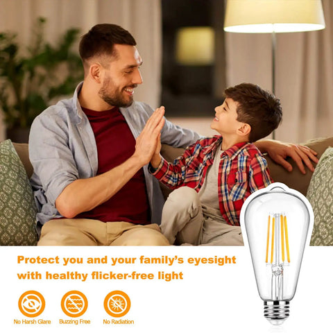 Family enjoying warm light from 12 Pack Vintage LED Edison Bulbs ST64 Style 60W Equivalent 7W 800 Lumens in cozy living room