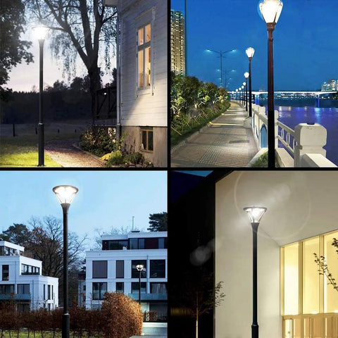 Ultra Bright 150W LED Post Top Light With 19,500 Lumen Output, 5000K Cool White, HID Replacement shown in street settings