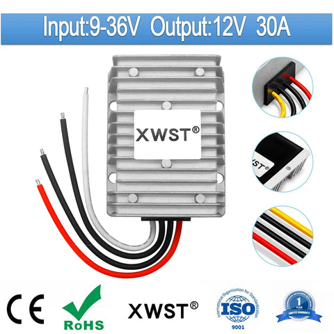 Rugged 9V 36V DC To 12V Buck Boost Converter 30A 360W Waterproof Automatic Voltage Regulator Step Up And Step Down Power Module For Cars Audio Fire Alarm Marine And DIY Projects
