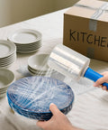 3 Pack Clear Heavy Duty Stretch Wrap Film Rolls With Handles 100 Gauge 5 X 1000 Ft used to secure blue plates for moving.