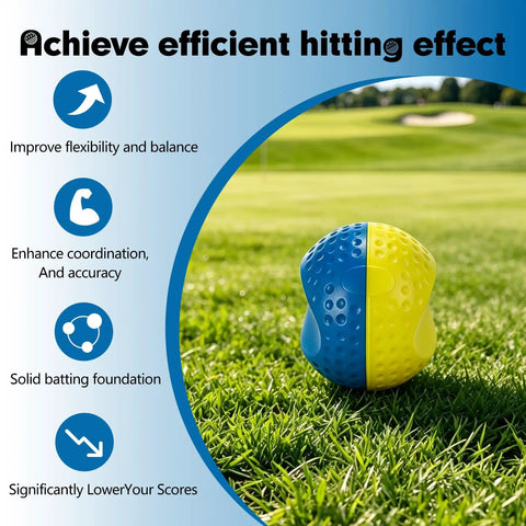 Golf Training Ball Clips Between Your Arms To Sync Arm And Body Motion, Improve Impact Accuracy, Fix Slices Scooping And Chicken Wings, Make Practice Efficient With This Easy Swing Trainer For Home Or Range. Blue and yellow golf training ball on grass