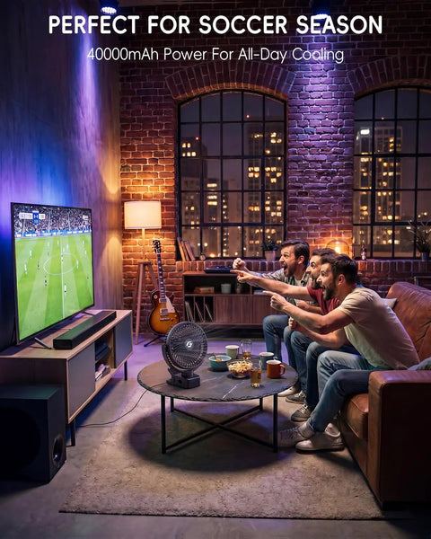 Clip On Fan For Golf Cart With 150 Hours Battery Life in living room with friends watching soccer.