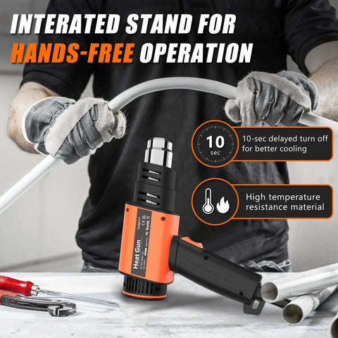 Heavy Duty 1800W Heat Gun With Variable Temperature And Two Modes used for tubing with integrated stand on workbench.