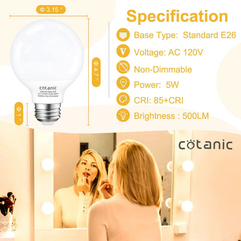 8 Pack LED Globe Light Bulbs 6000K Daylight White G25 Vanity Bulbs With E26 Base, 5W Low Power, 60W Equivalent on vanity mirror