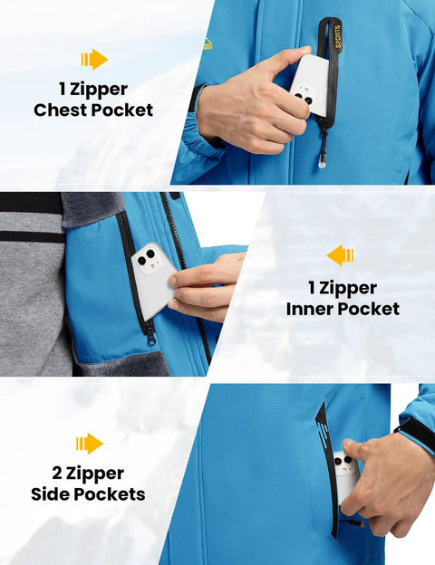 Close-up of the Men's Ski Snow Jacket Waterproof Insulated Coat with Fleece Hood showing zipper pockets and phone storage.