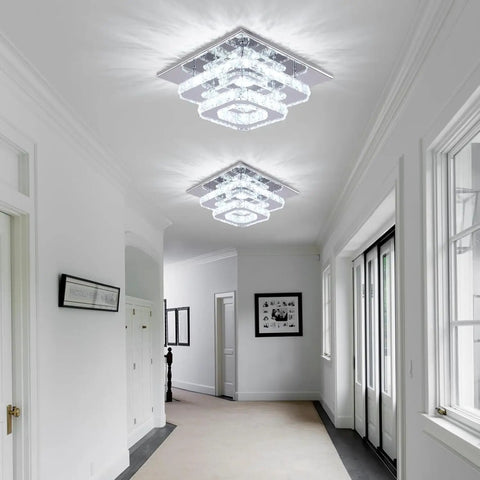 Crystal Square Ceiling Light Chandelier With Modern LED Flush Mount Two Layer Design in elegant hallway