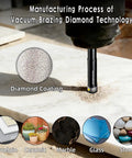 Close-up of Ten Pack Dry Diamond Drill Bits With 6mm Diameter Quarter Inch Shank drilling into marble tile.
