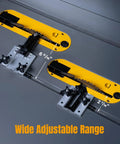 Precision Table Saw Thin Rip Jig Sliding Guide showing adjustable range markings for accurate wood cutting.