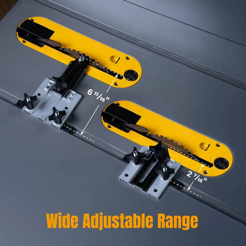Precision Table Saw Thin Rip Jig Sliding Guide showing adjustable range markings for accurate wood cutting.
