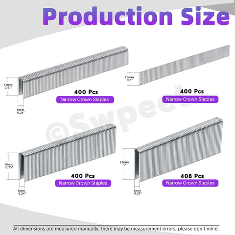 No Sweat 1609 Piece Pneumatic Staple And Nail Bundle Featuring 18 Gauge Narrow Crown Staples, sizes of 400 pcs shown.