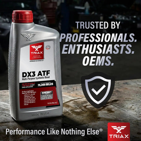 Dx3 ATF Transmission Fluid For GM Dexron III And Ford Mercon Applications bottle in garage setting