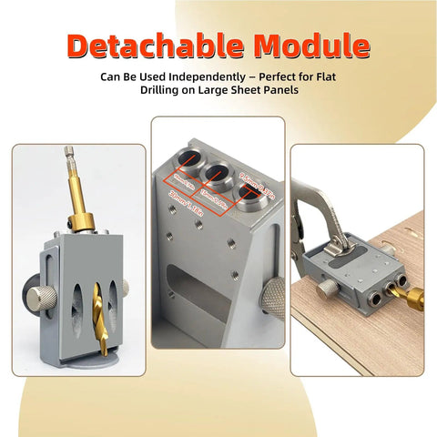 Heavy Duty Aluminum Pocket Hole Jig Kit With 3/8 Inch Ti Coated Drill Bit Straight Shot 15 Degree Alignment Single Pass Woodworking cabinet assembly tool with detachable module for flat drilling.