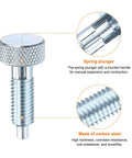 Built Tough M8x1.25 Spring Plunger With Knurled Grip Handle And 4mm Detent Pin Chrome Plated Rust Resistant Carbon Steel Quick Release Tool Hardware Two Pack close-up of knurled handle and threads.
