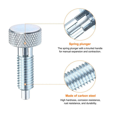 Built Tough M8x1.25 Spring Plunger With Knurled Grip Handle And 4mm Detent Pin Chrome Plated Rust Resistant Carbon Steel Quick Release Tool Hardware Two Pack close-up of knurled handle and threads.