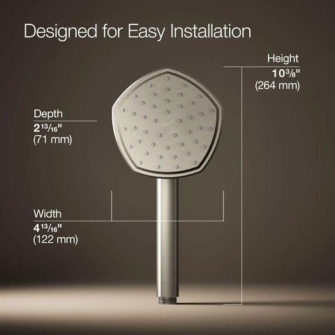 Diagram of Single Function Handheld Showerhead With Katalyst Technology For Full Coverage Drench, dimensions in brushed nickel.