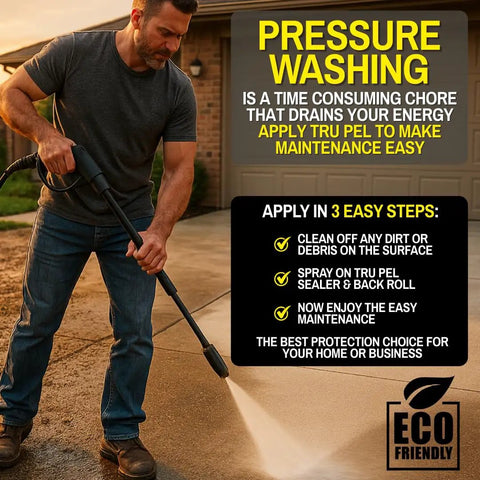 Man using pressure washer on concrete surface applying Concentrated Silane Siloxane Water Repellent For Concrete Brick And Masonry Surface Sealer Low Voc Penetrating Formula Big Time Protection That Holds Up Through Rough Days.