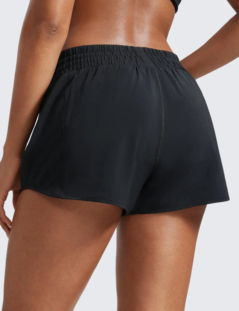 Back view of High Waisted Running Shorts Two And A Half Inch Inseam Black Small For Women with elastic waist and quick dry fabric.