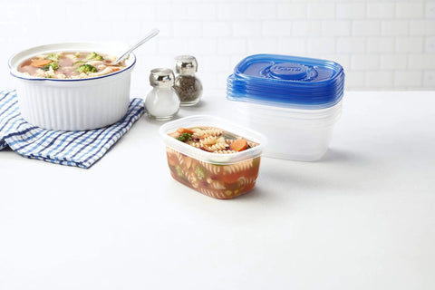 Medium Rectangle Food Storage Containers With Lids, BPA Free Plastic, Airtight Leak Resistant, Microwave Safe, filled with soup