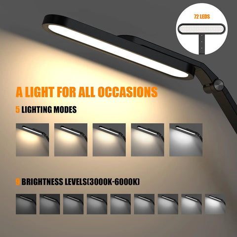 LED Desk Lamp With Eye Caring Light 72 LEDs 9 Brightness Levels 5 Color Modes USB Charging Touch Control And Memory