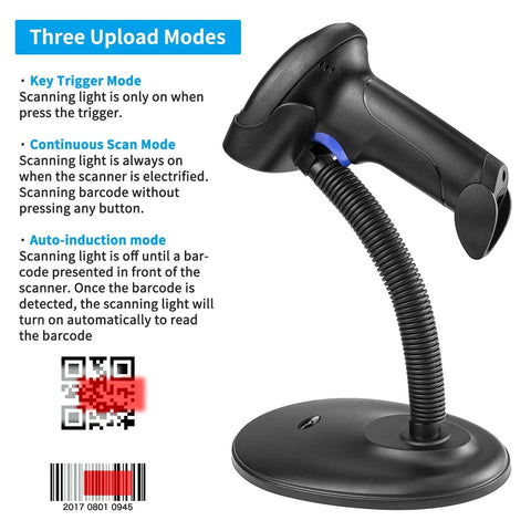Portable Wireless 1D 2D Barcode Scanner With Stand For Quick Paper And Screen Scans on flexible stand, text with scan modes