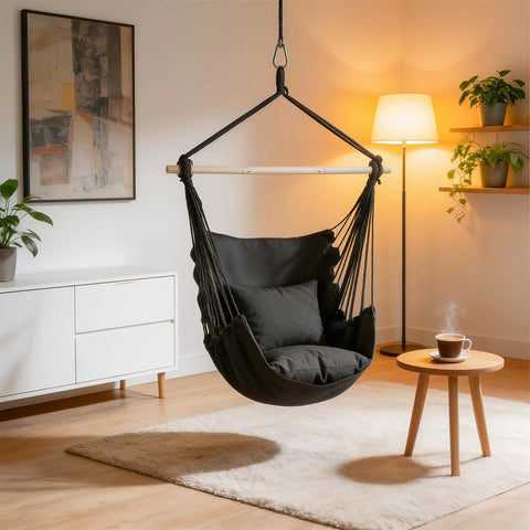 Chill Macrame Hammock Chair With Two Cushions For Indoor Outdoor Use Hanging Rope Swing Chair Supports Up To 350 Lbs Anti Slip Spreader Bar And Pocket Black