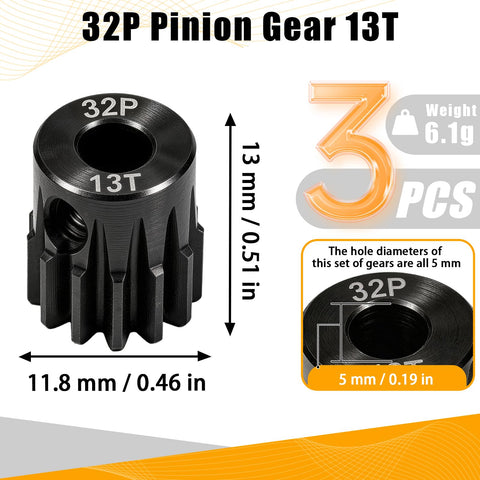 Beefy 13T 32P RC Car Pinion Gear Set 45 Steel Black Oxide 5mm Bore 0.03mm Tolerance Precision Motor Gear display with dimensions
