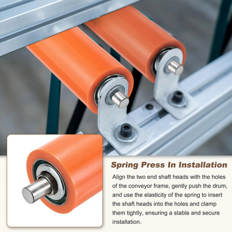 Patikul 2Pcs Heavy Duty Conveyor Rollers, 8 Inch Long Orange Rubber Coated Steel Transfer Wheels in installation setup.