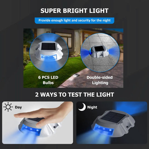 Super bright view of Solar Powered LED Deck Lights 6 Pack No Fuss Setup For Driveways Pathways Steps Docks And Gardens.