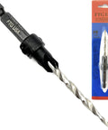 Front view of Adjustable Wood Countersink Drill Bit Set For Woodworking With 11/64 Inch Countersink And Size Eight Bit Four Cutter Pro Grade High Speed Steel