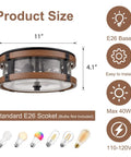 Industrial Farmhouse Two Light Drum Ceiling Fixture With Seeded Glass Shades In Black And Rustic Wood Grain Finish dimensions