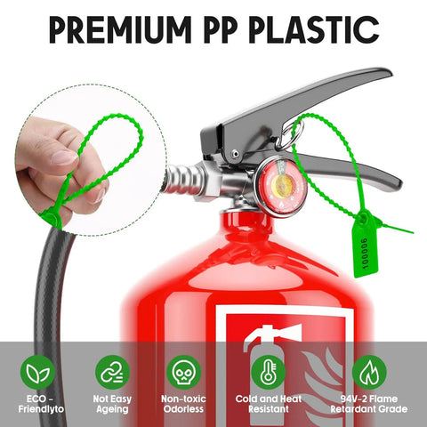 1000 Pack Plastic Tamper Seals For Fire Extinguishers Self Locking Security Tags With Laser Printed Numbers attached on an extinguisher