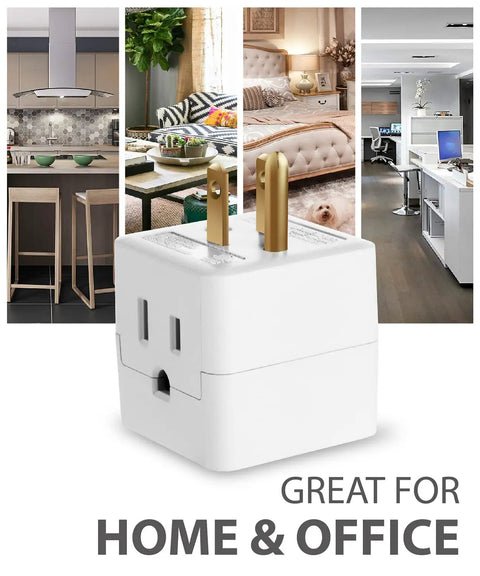 Three Outlet Wall Tap Cube Power Adapter With 90 Degree Plug For Home Or Travel, shown with home and office backgrounds