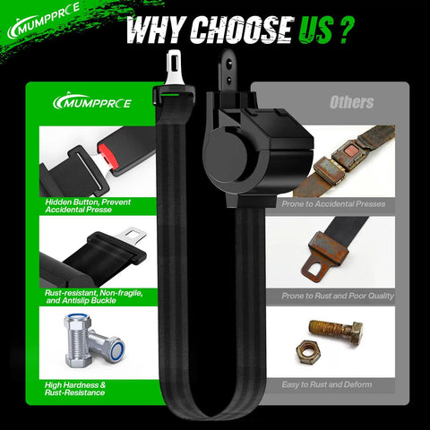 Universal Golf Cart Seat Belt Kit For 4 Seat Carts showing retractable belt with high hardness and rust-resistant features