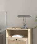 Adjustable Leaning Piano Desk Lamp In Satin Nickel Finish With Classic Retro Banker Style on bedroom nightstand