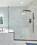 Modern bathroom featuring 10 Inch Rainfall Shower System With Valve And Dual Function Handheld All In One Wall Mounted Matte Black Tub Faucet Set Modern Square Trim Kit For Bathroom Renovation And Daily Spa Style.
