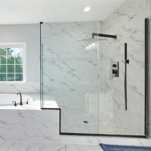 Modern bathroom featuring 10 Inch Rainfall Shower System With Valve And Dual Function Handheld All In One Wall Mounted Matte Black Tub Faucet Set Modern Square Trim Kit For Bathroom Renovation And Daily Spa Style.