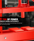Heavy Duty 20 Ton Hydraulic H Frame Shop Press With Adjustable Stamp Plate For Smooth Bearing Swaps And Bushing Jobs That Knock Out Any Garage Repair Without Breaking A Sweat showcasing its red frame and adjustable plate.