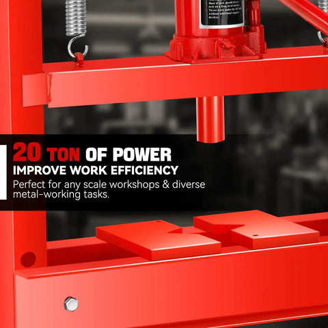 Heavy Duty 20 Ton Hydraulic H Frame Shop Press With Adjustable Stamp Plate For Smooth Bearing Swaps And Bushing Jobs That Knock Out Any Garage Repair Without Breaking A Sweat showcasing its red frame and adjustable plate.