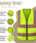 Custom High Visibility Safety Vest With Clean Slick Two Tone Look, Heavy Duty Breathable Mesh, Smooth Zip And Roomy Pockets, showing large pockets.
