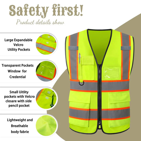 Custom High Visibility Safety Vest With Clean Slick Two Tone Look, Heavy Duty Breathable Mesh, Smooth Zip And Roomy Pockets, showing large pockets.
