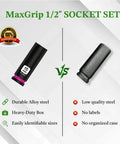 Comparison showing MaxGrip 1/2" socket set vs. low-quality socket, highlighting durable alloy steel and identifiable sizes.