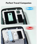 Comparison of suitcase contents showing cyan Portable Charger With Built In Cables And Plug 10000mAh USB C Power Bank Fast Charging Slim External Battery Pack Travel Essential On The Go For iPhone Samsung Galaxy iPad And More with other travel items.