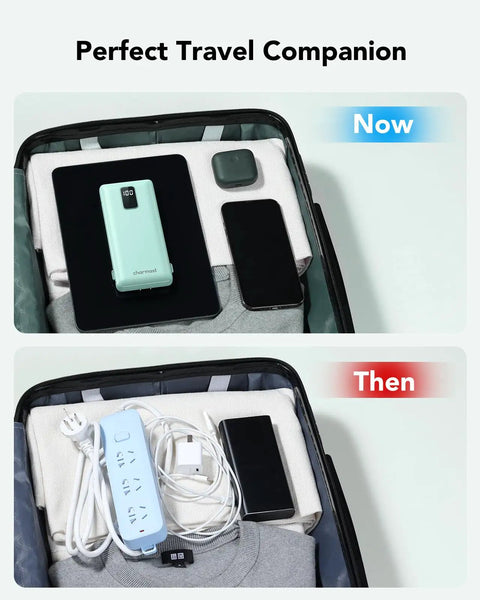 Comparison of suitcase contents showing cyan Portable Charger With Built In Cables And Plug 10000mAh USB C Power Bank Fast Charging Slim External Battery Pack Travel Essential On The Go For iPhone Samsung Galaxy iPad And More with other travel items.