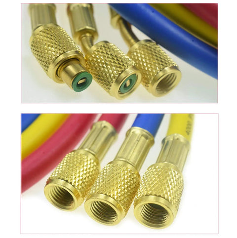 Three Way AC Diagnostic Manifold Gauge Set For Freon Charging Fits R410A R22 R404A Refrigerants With 60 Inch Hoses And Quarter Inch Thread Two Quick Couplers For HVAC And Auto AC Maintenance DIY Friendly brass quick couplers and hose ends